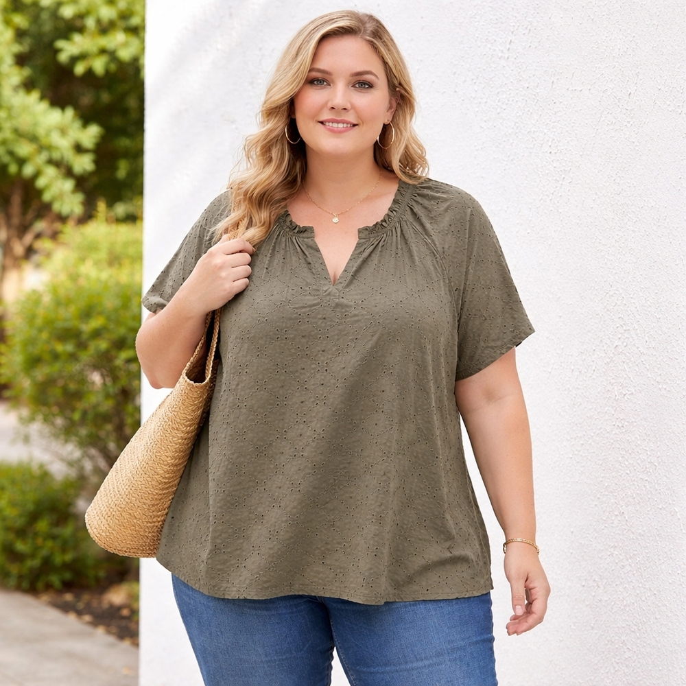 Devoted Olive Eyelet Blouse | Ruffle V-Neck Boho Top | Plus Size Friendly